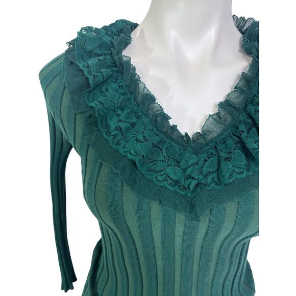 Vintage Evie Silk Ribbed Top Medium Victorian Green Lace Collar Holiday - Picture 6 of 13